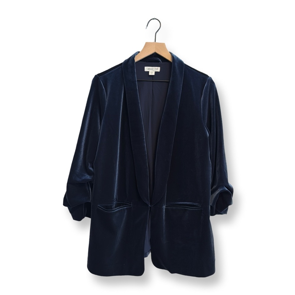 Coldwater Creek Navy Velvet Blazer Ruched Sleeve Open Front Lined | Size 12